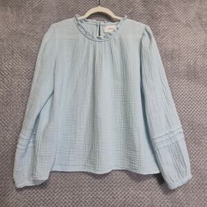 Xirena Addy Top Large Gauze Powder Blue Ruffle Neck Blouse Boho Chic Relax L/S